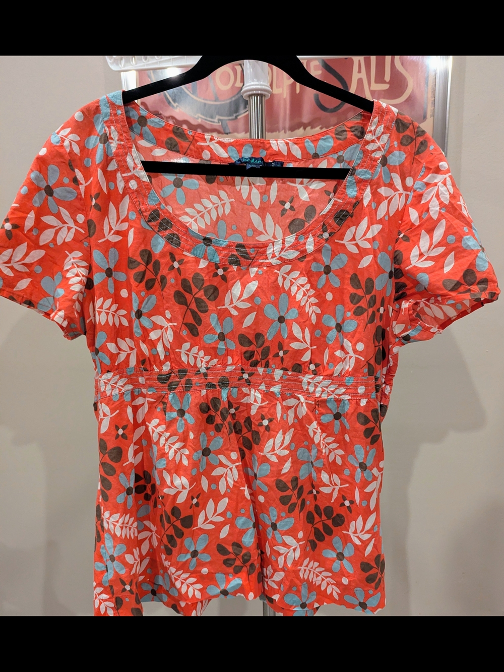 $15 Boden Size 18 Floral Scoop Neck Empire Waist Blouse Orange Blue Coral EUC